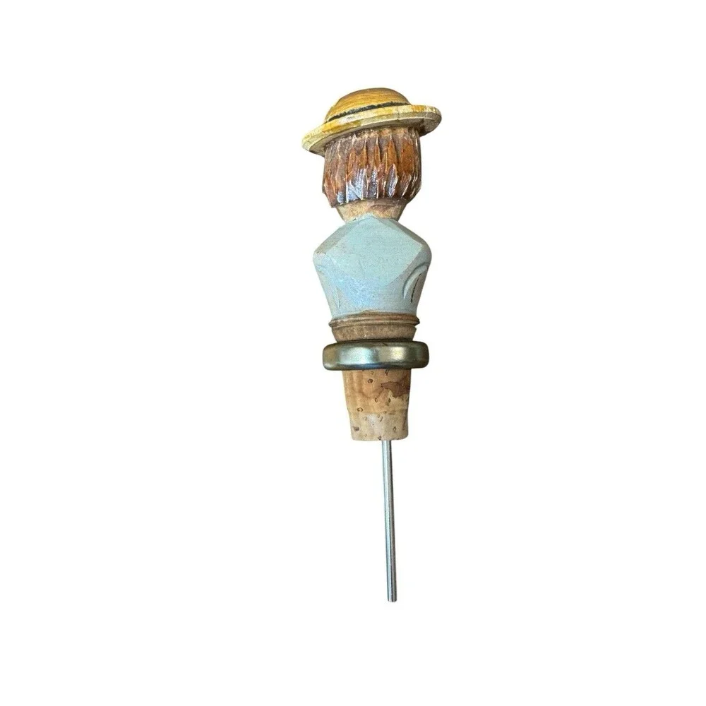 Vintage Anri Hand Carved Wood Half Body Head Pourer Bottle Stopper Cork Man Hat